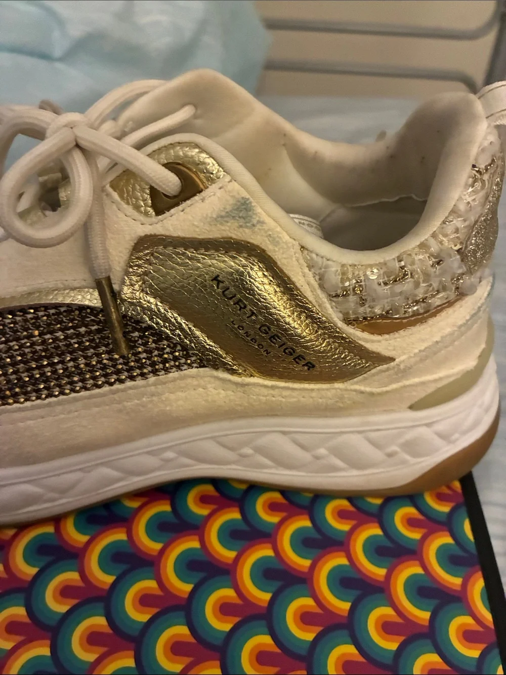Kurt Geiger Gold and White Platform Sneakers
